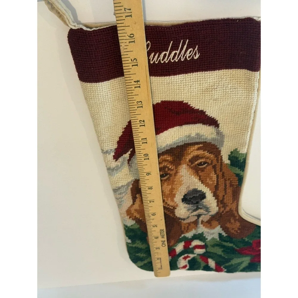 Vintage 100% Wool Needlepoint Basset Hound Dog Christmas Stocking 17